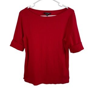 Lauren Ralph Lauren Tee L Red Boatneck Elbow Sleeve Cuffed Minimalist Preppy